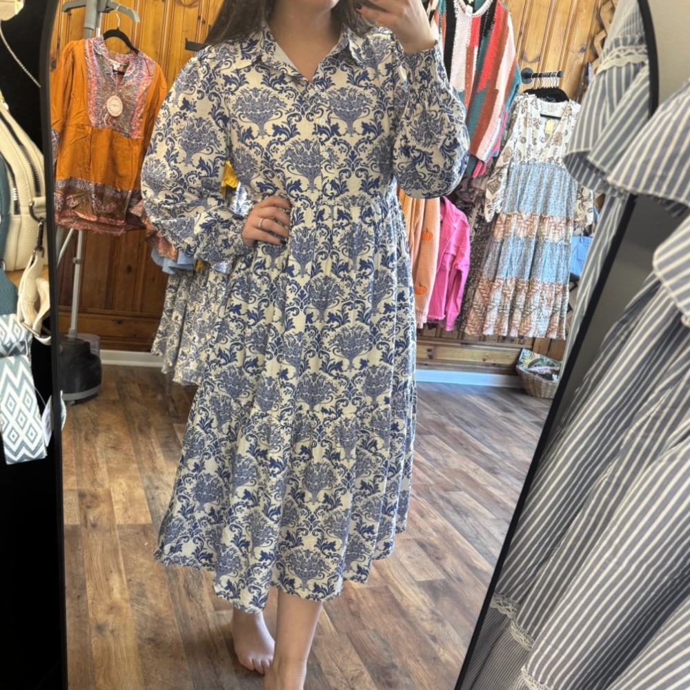 JODIFL Blue and White Floral Tiered Midi Dress